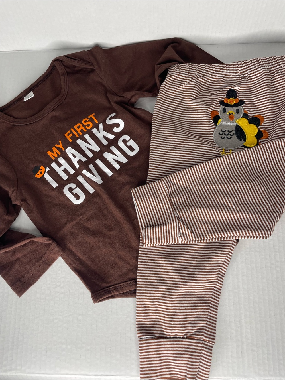 My First Thanksgiving Set 12 mos Striped Pants Felt Turkey L/S Top Brown NWOT
